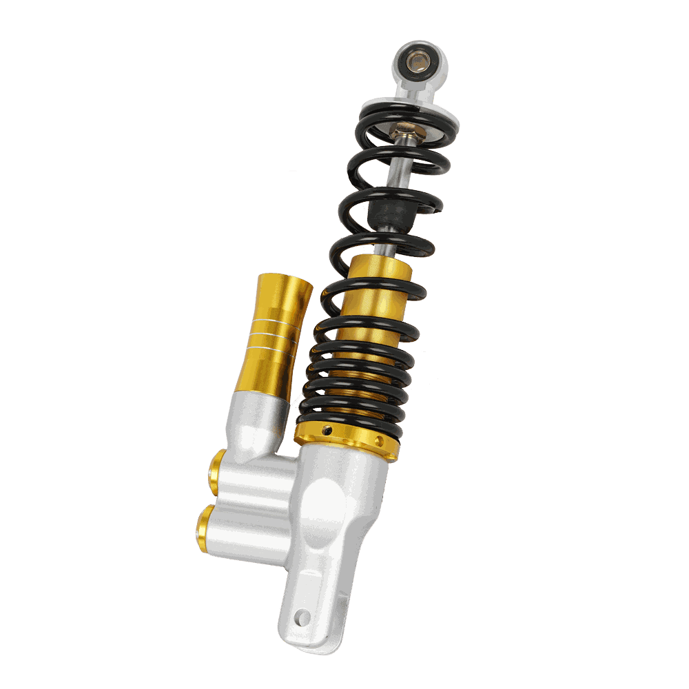 340mm Motorcycle Rear Shock Absorber with Remote Reservoir, Gold/Silver Body, Black Coil Spring, Preload & Rebound Adjustable for Performance Scooter - Motorcycle Parts Manufacturer MOTOKS