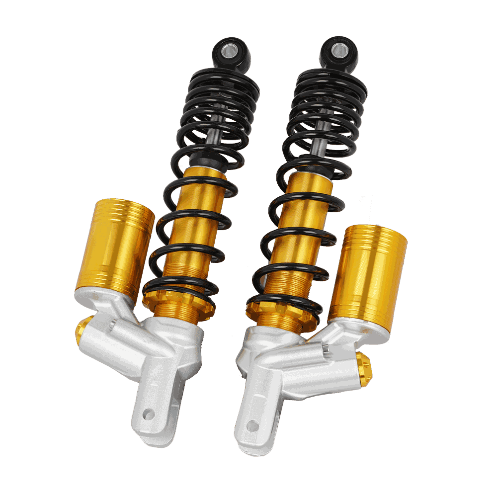 340mm Motorcycle Rear Shock Absorber with Remote Reservoir, Gold/Silver Body, Black Coil Spring, Preload & Rebound Adjustable - Motorcycle Parts Manufacturer MOTOKS