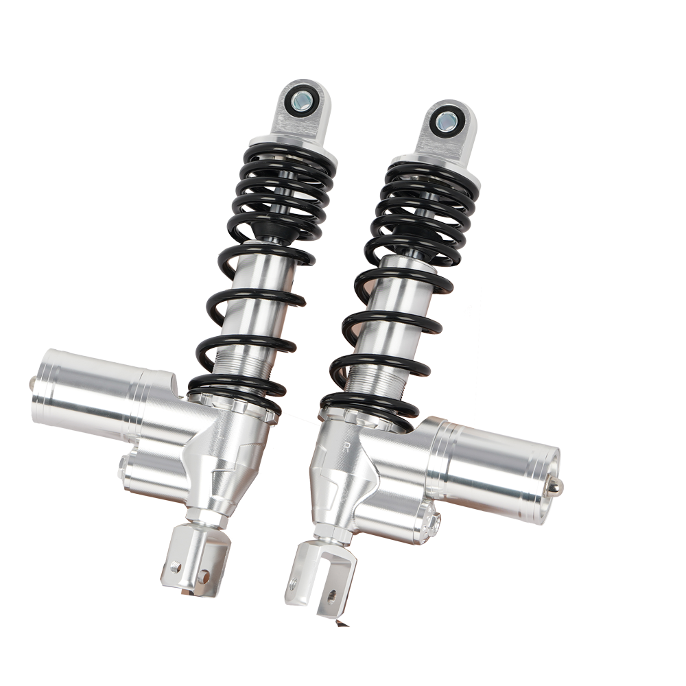 340mm Motorcycle Rear Shock Absorber with Remote Reservoir, Silver Body, Black Coil Spring, Adjustable Damping for Sport Bike thumbnail 2