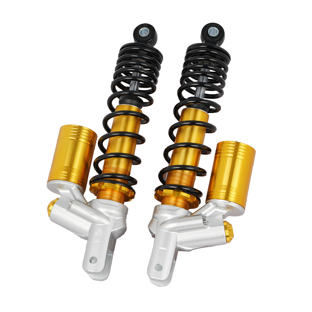 340mm Motorcycle Rear Shock Absorber with Remote Reservoir, Gold/Silver Body, Black Coil Spring, Preload & Rebound Adjustable thumbnail 2